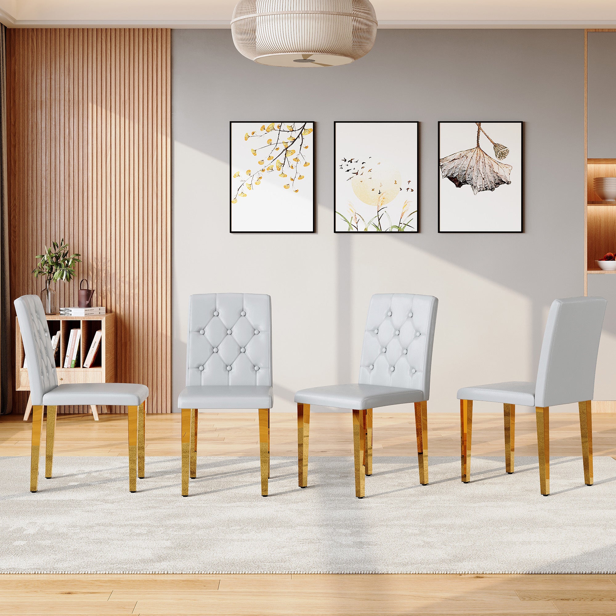 4-piece set of light grey PU dining chairs: ergonomically designed buckle backrest, 35 inches high, gold metal legs, combining comfort and texture.Suitable for family restaurants, banquet hall, etc.