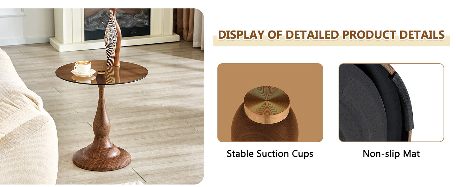 Walnut grain metal side table easy-clean glass surface detail