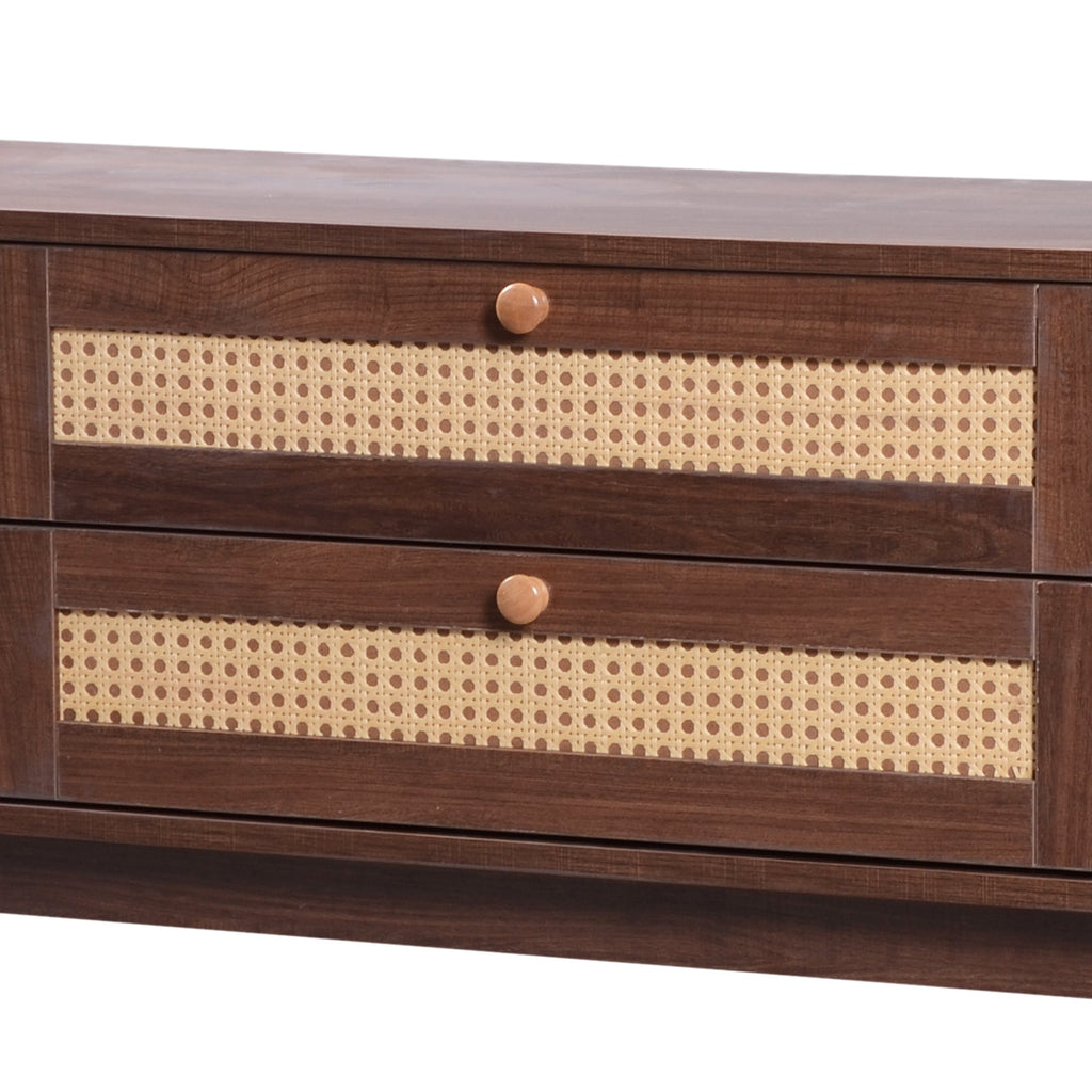 Modern Farmhouse Rattan TV Stand — for TVs Up to 75" (Natural Wood)
