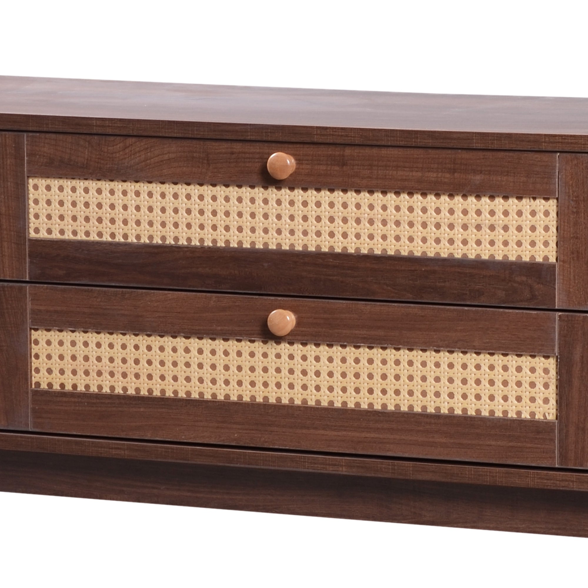 Modern Farmhouse Rattan TV Stand — for TVs Up to 75" (Natural Wood)