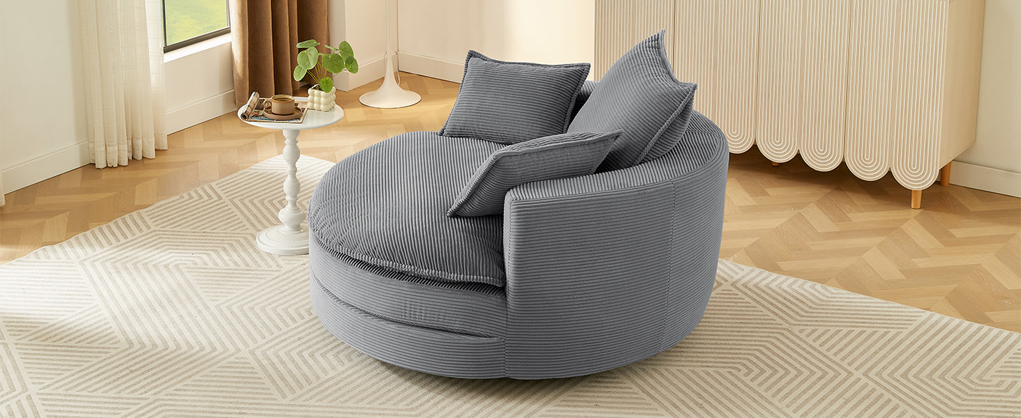 Blue Corduroy 360° Swivel Barrel Accent Chair with Dual-Layer Cushion & 3 Pillows