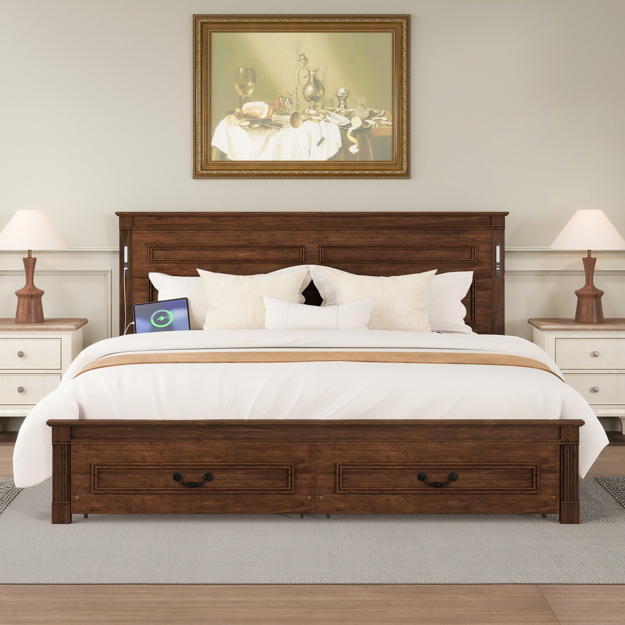 King Size Bed with Tall-Panel Headboard & Footboard, 2 Storage Drawers, Built-in LED Lights, USB Charging Station, Pinewood Bed with Strengthened Bed Frame ,White
