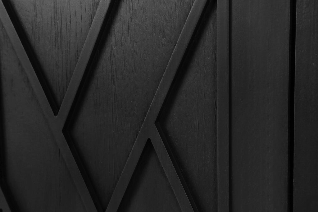 Antique black credenza buffet cabinet open storage overview