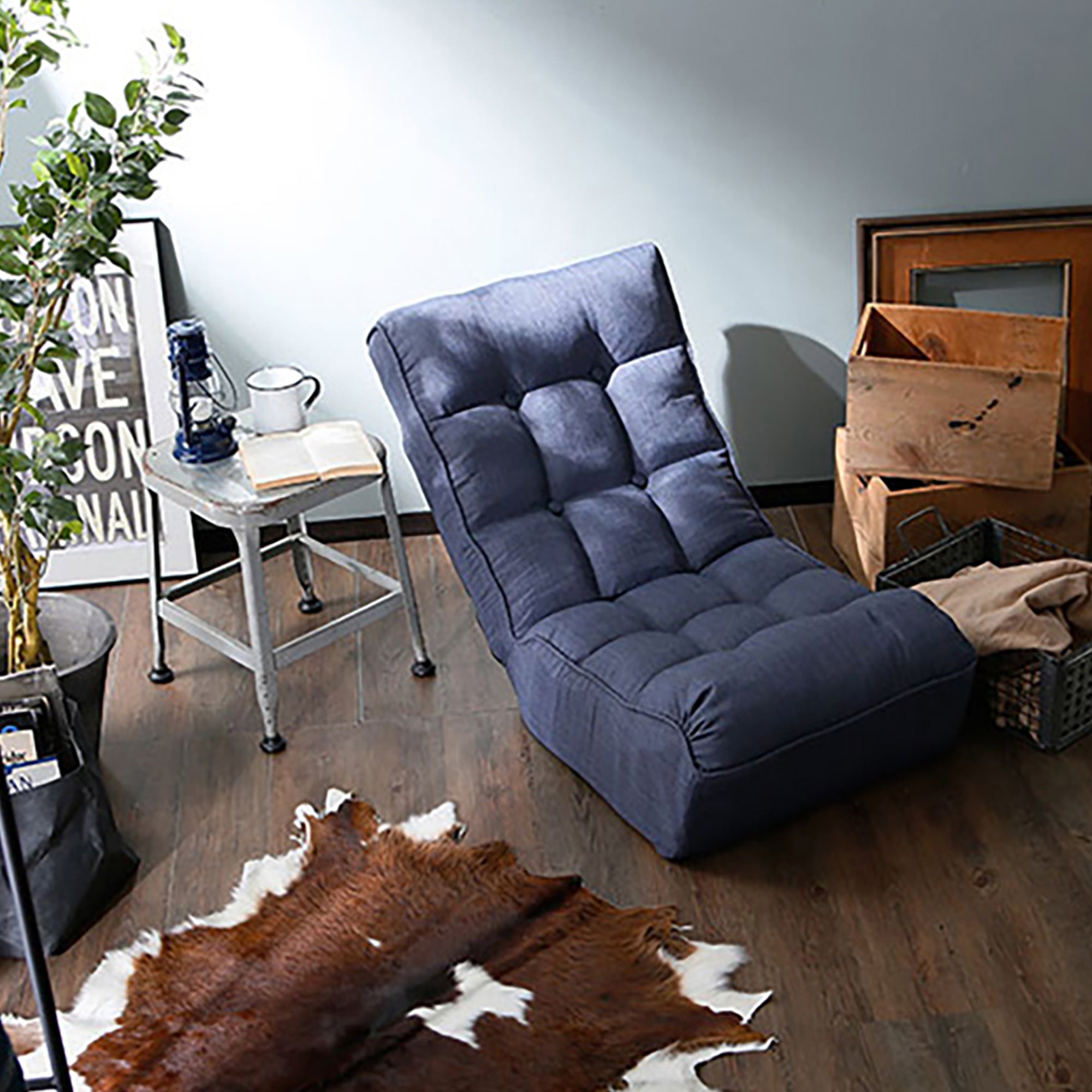 Navy linen floor reclining chair side profile