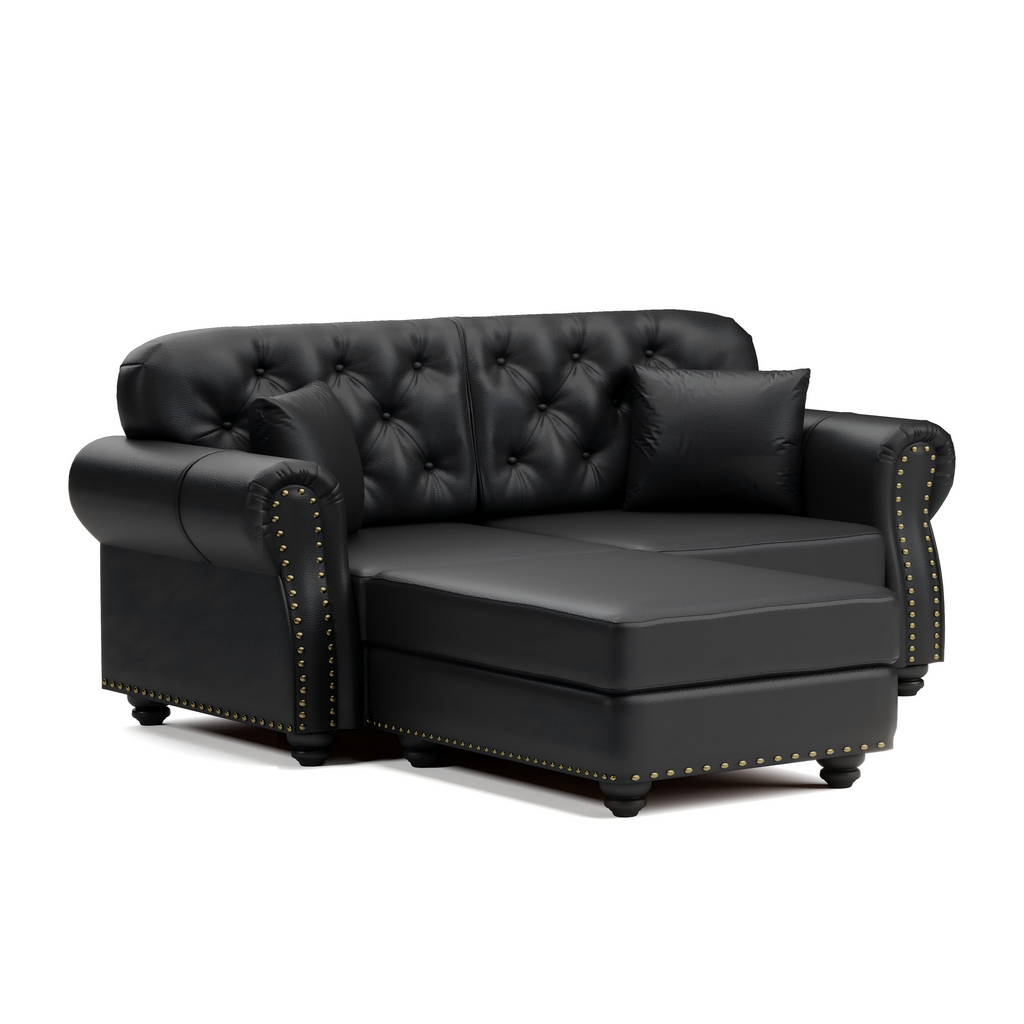 82.6'Upholstered Faux Leather Sofa with Nailhead Trim and Rolled Armrests,Mid-Century Modern Chesterfield Sofa with Button Tufted,Includes 3 Pillows,Black