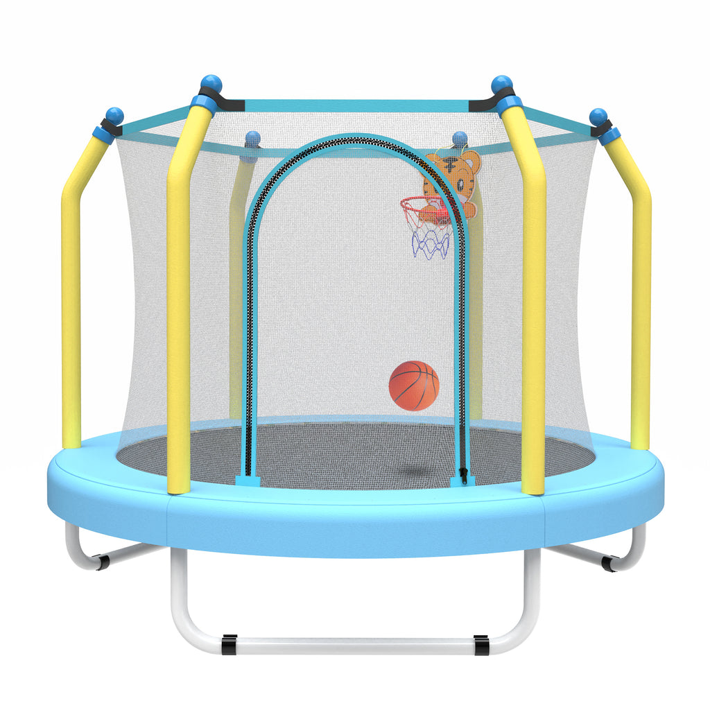 Toddler trampoline with basketball hoop blue — angle view