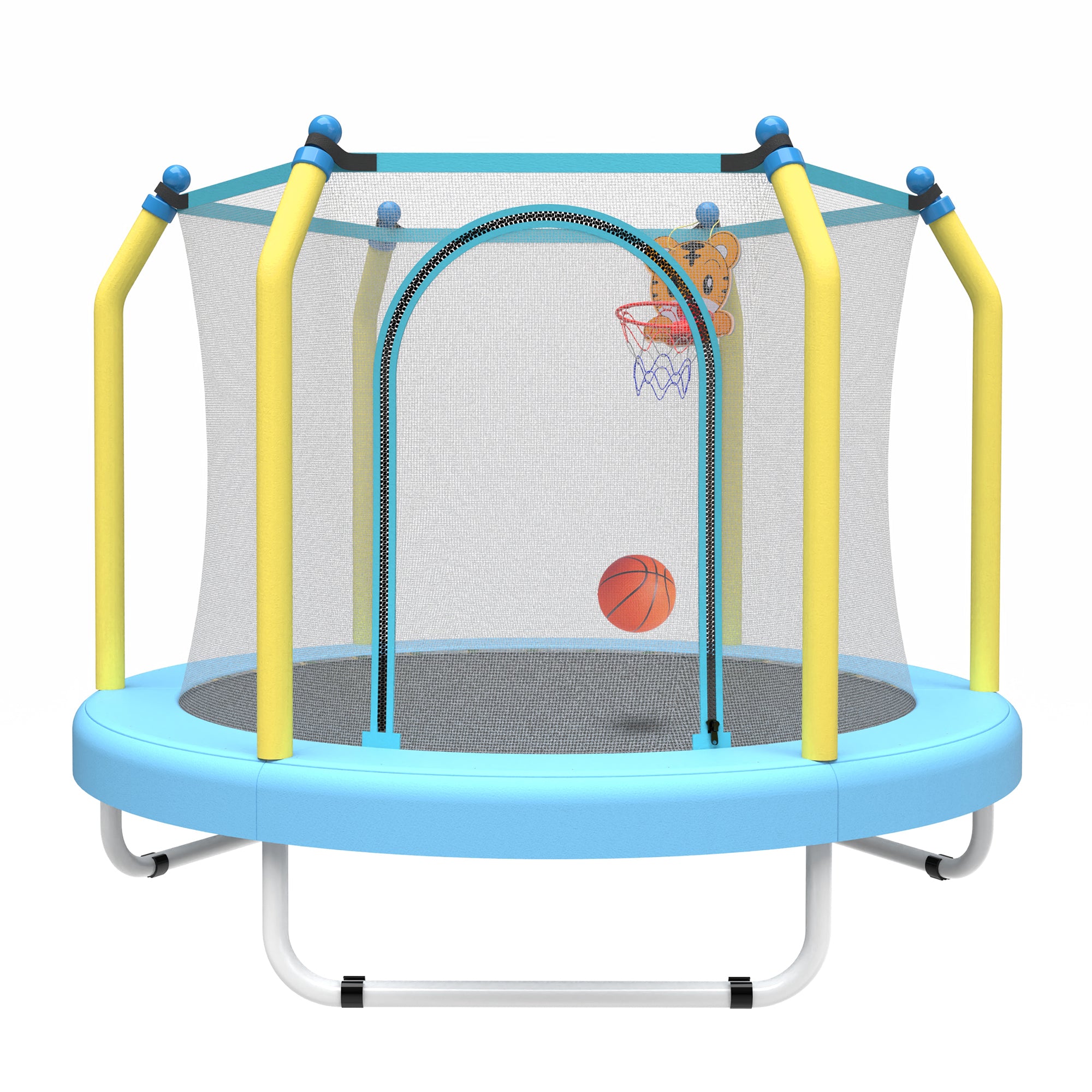 Toddler trampoline with basketball hoop blue — angle view