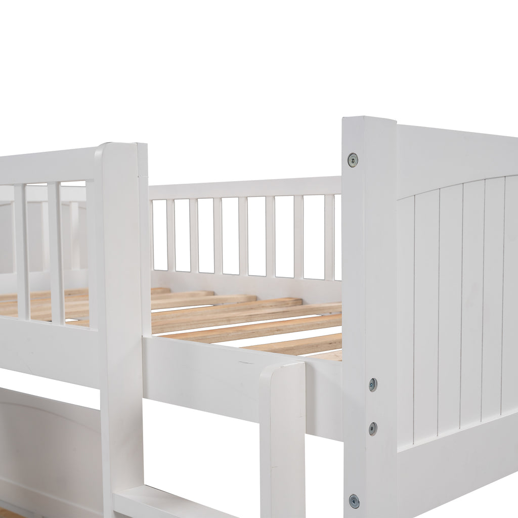 White pine wood triple bunk bed in kids bedroom setting