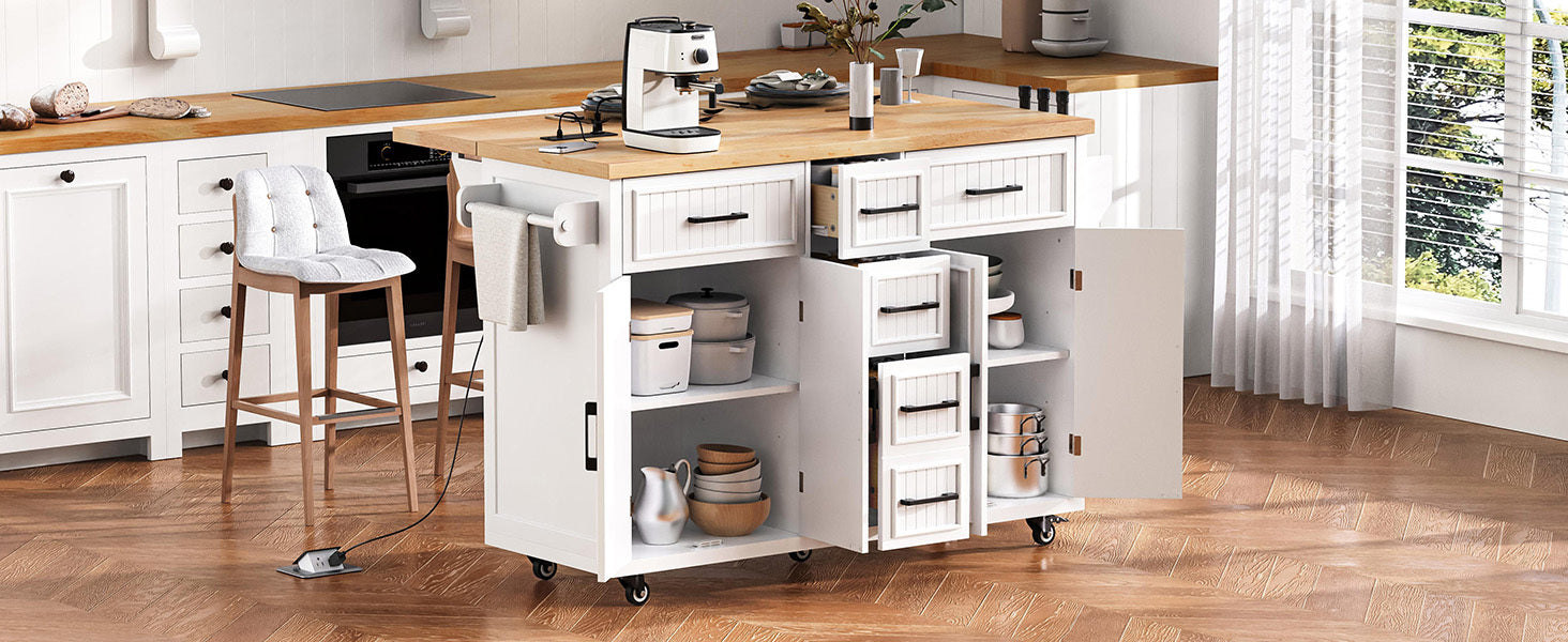 K&K 56.5'' Kitchen Island with Drop Leaf, Power Outlet, Embossed Vertical Stripe Rolling Kitchen Cart on Wheels with 4 Doors , 5 Deep Drawers and Adjustable Shelves, for Kitchen, Dining Room, Black