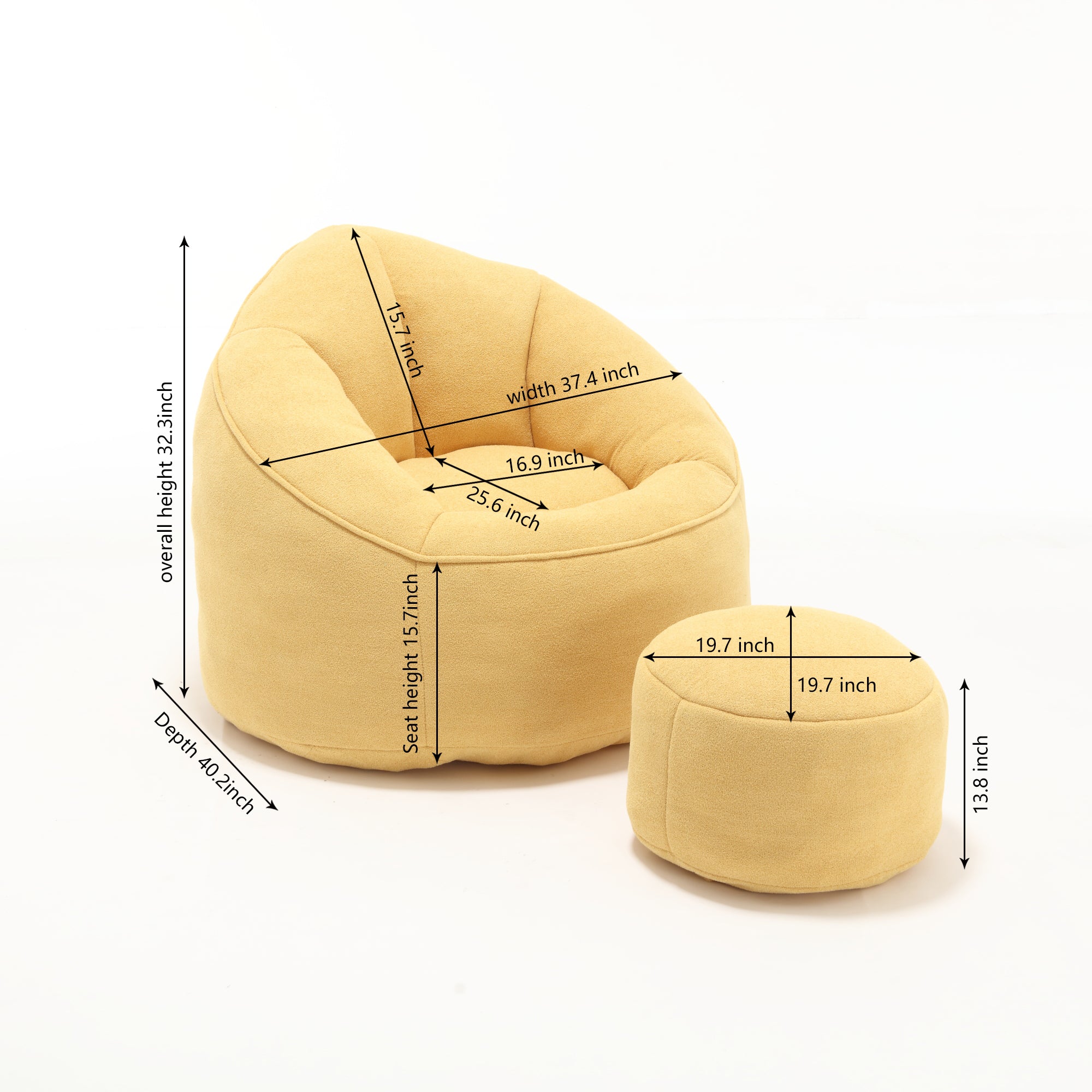 Yellow microfiber bean bag chair in bedroom setting