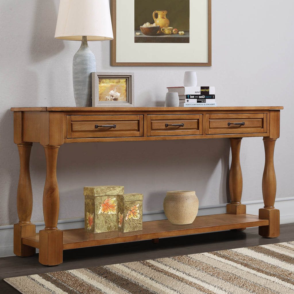 63-inch pine wood console table brown — angle view