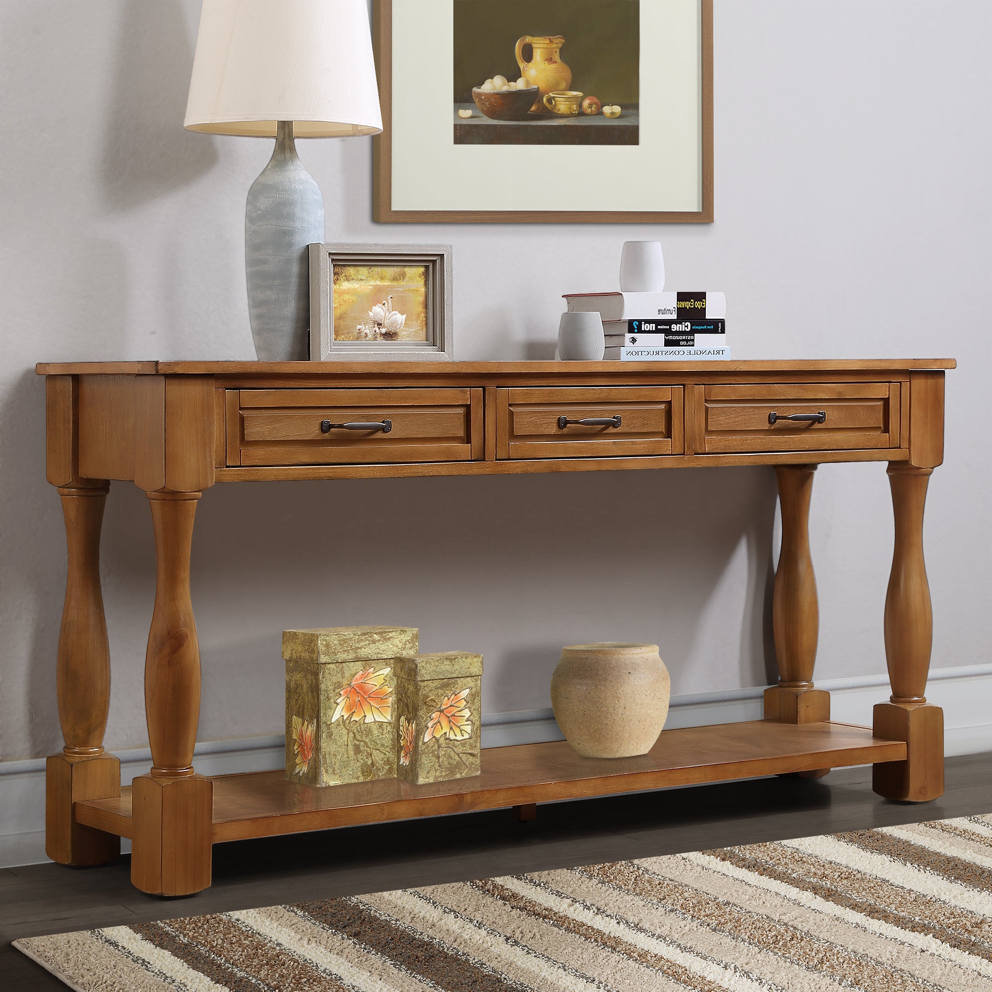 63-inch pine wood console table brown — angle view