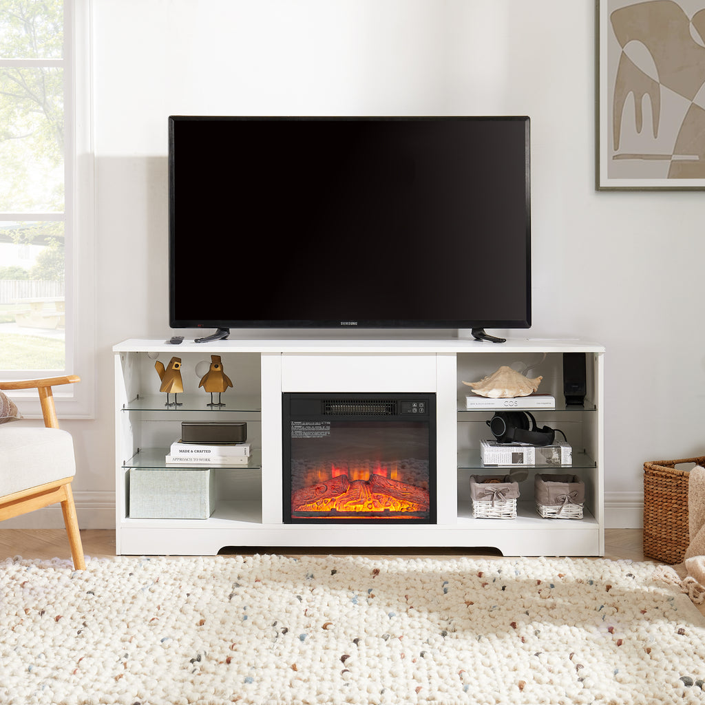 White entertainment center with LED fireplace flame effect