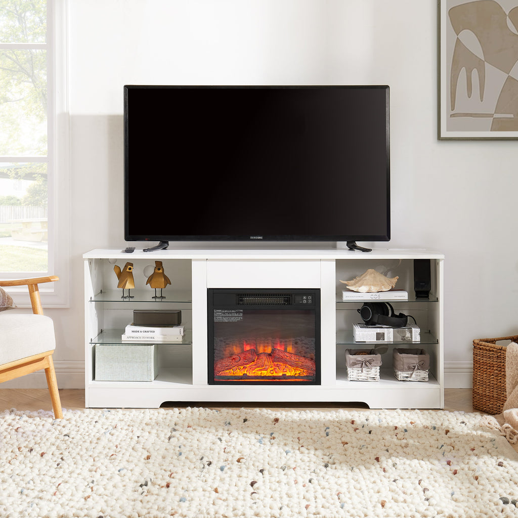 TV Stand with Electric Fireplace — Glass Shelves & USB Outlets for TVs Up to 62"