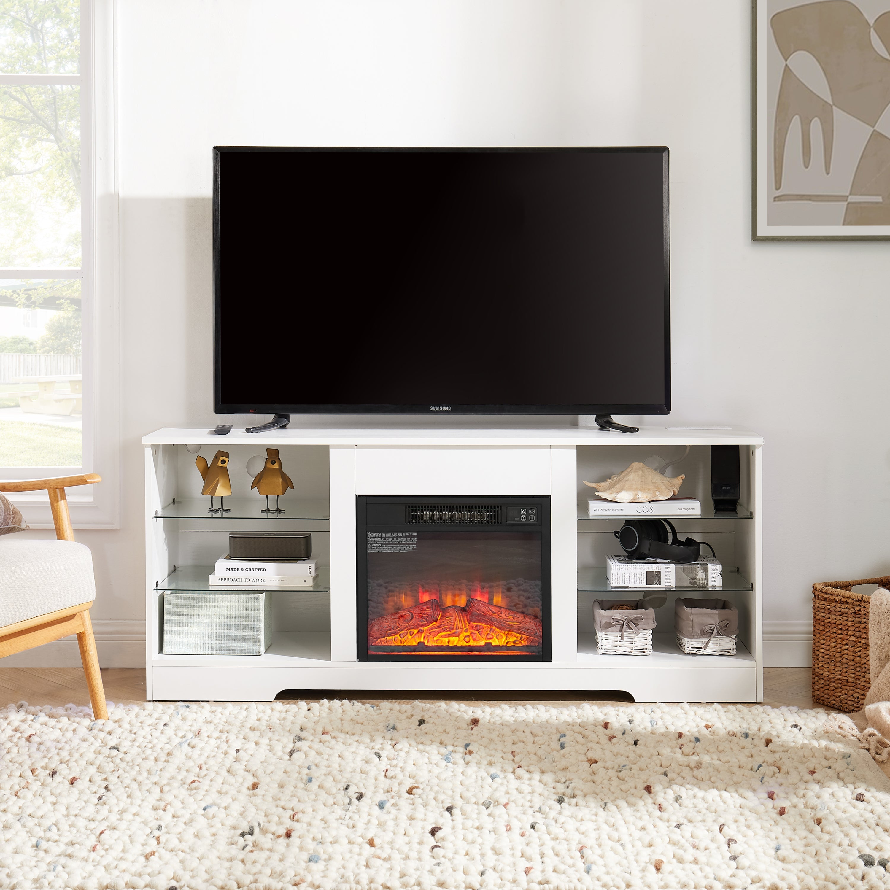 TV Stand with Electric Fireplace — Glass Shelves & USB Outlets for TVs Up to 62"