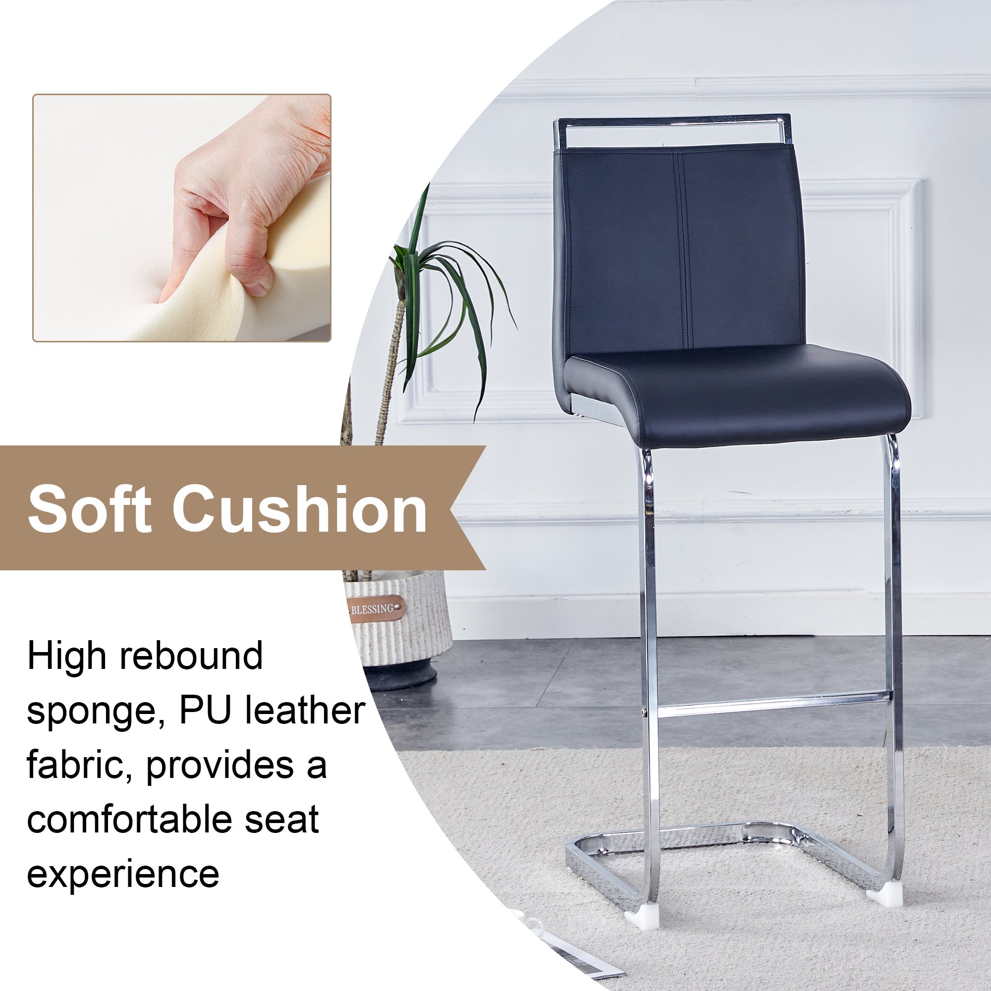 Modern and beautiful bar stool upholstered in PU leather with C-shaped silver metal legs for dining rooms, kitchens, terraces and guest office chairs.(set of 6) (white+PU)