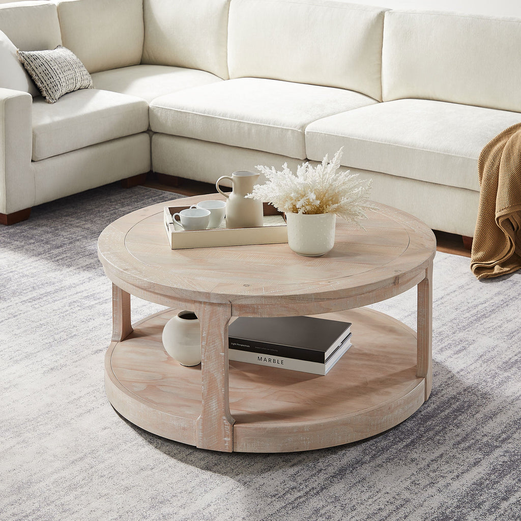 40-Inch Round 2-Tier Coffee Table — Rustic Wooden Center Table with Wheels