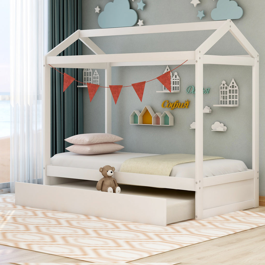 Twin house bed with pull-out trundle — side view