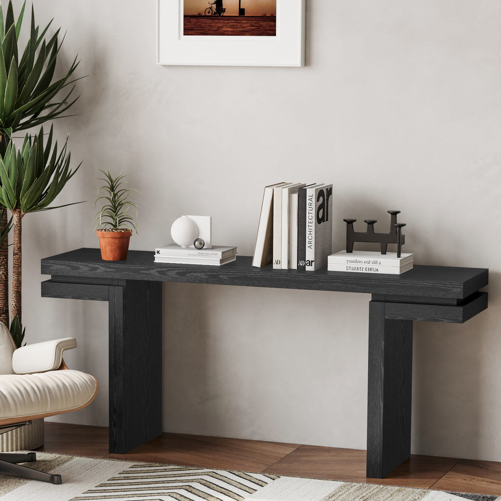 Black wood veneer sofa table behind couch living room