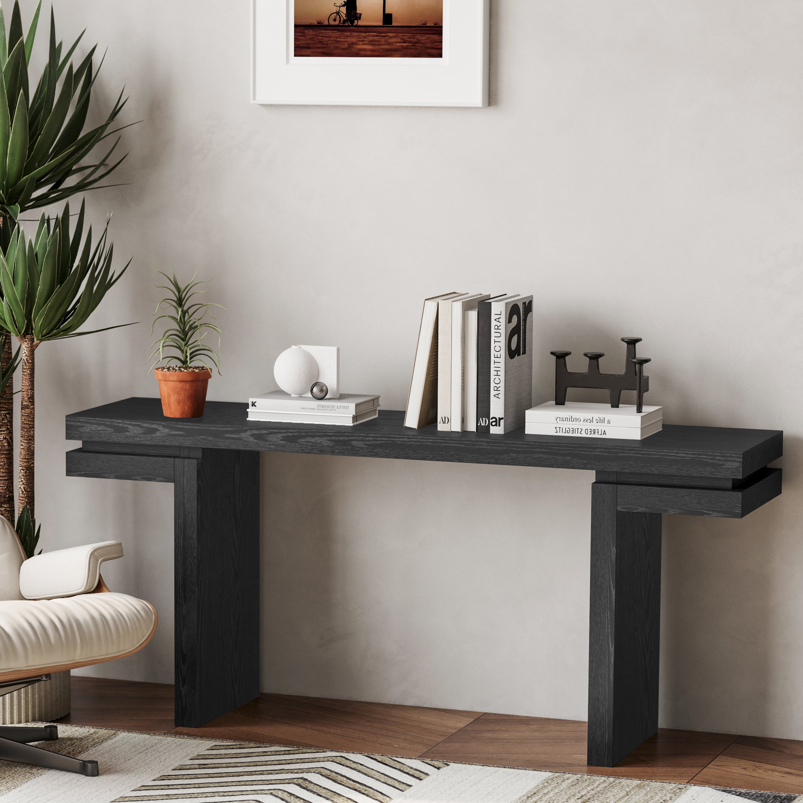 Black wood veneer sofa table behind couch living room