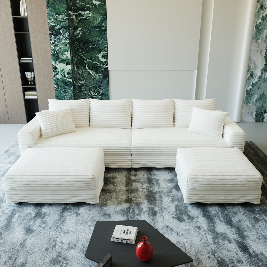 102.4 'Plush Corduroy 4-Seat Sofa,Modern Comfy Upholstered Sofa Cloud Couch,Deep Seat Couches with Soft Pillows and 3 Ottomans,Convertible Sofa Lounge Chair,Black(Old SKU:W1885S00287)