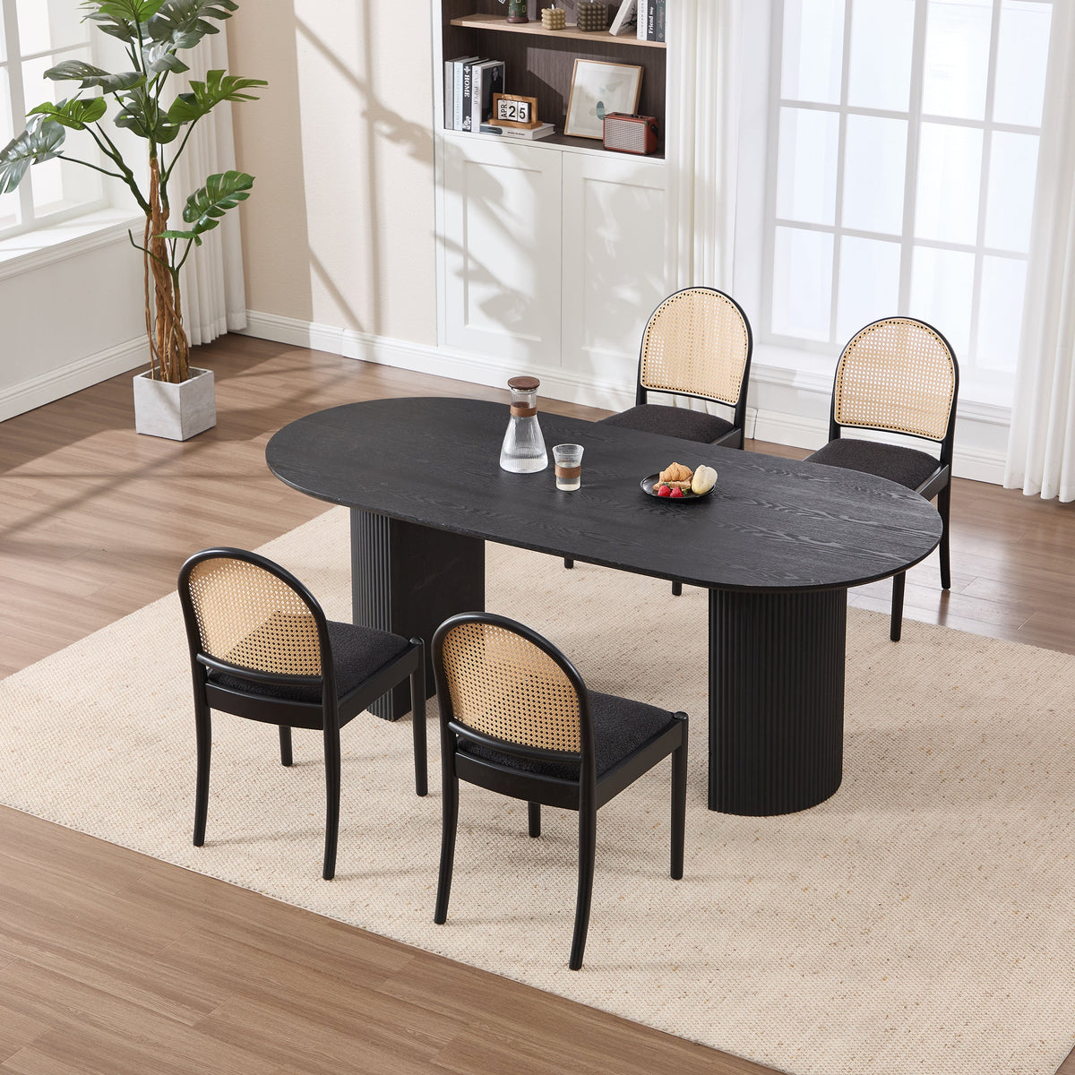 Rattan Dining Chairs Set of 2, Upholstered Linen Dining Room Chairs with Backrests, Modern Kitchen Chairs with Wood Legs for Dining Room, Beige