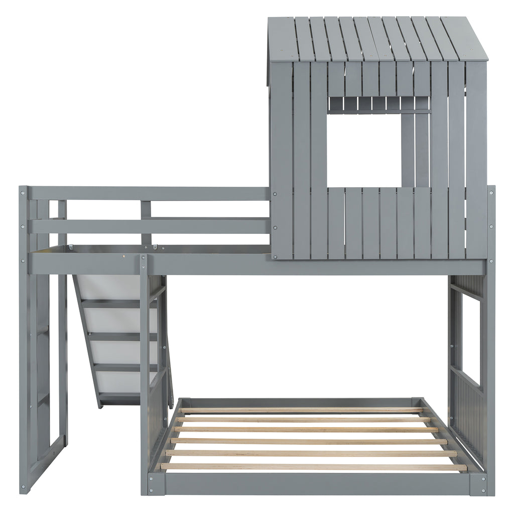 Built-in slide on gray twin over full loft bunk bed