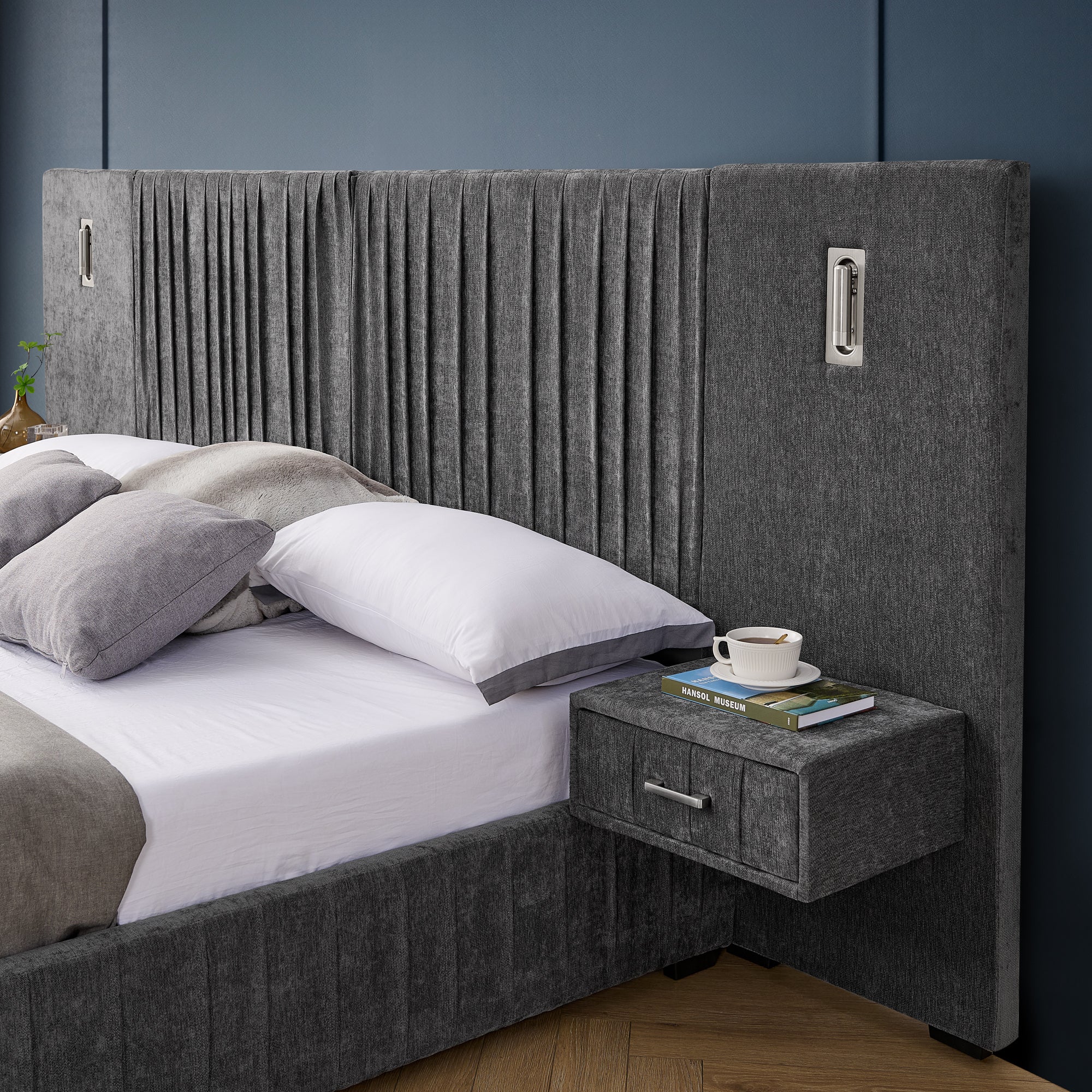King Size Upholstered Bed Frame with Chenille fabric with pleated design,Grounded King Size Platform Bed with Headboard and Solid Frame and the bedside table.No Box Spring Needed-Blue-Green