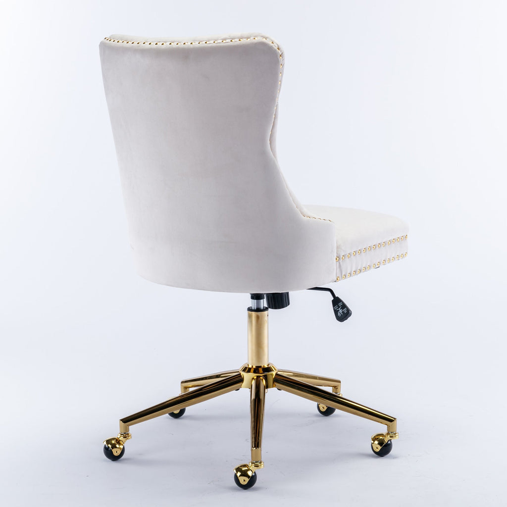 Velvet Office Chair — Button-Tufted with Gold Metal Base & Wheels