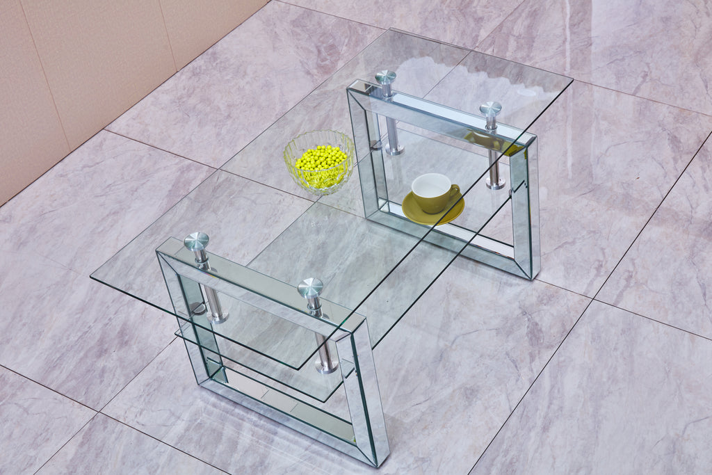 Tempered glass top mirror coffee table reflective finish