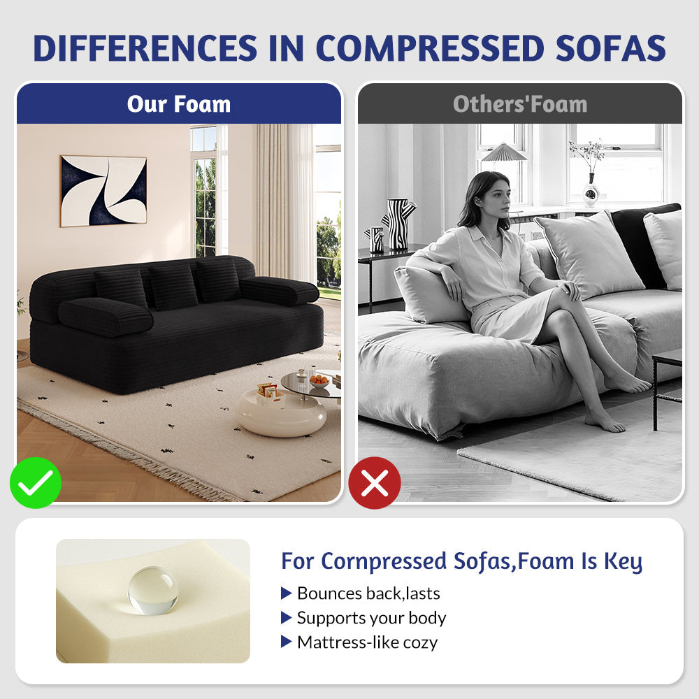 78.7' Frameless Sofa,2-in-1 Convertible Sofa Bed with 3 Pillows – Plush Corduroy Fabric, Multi-Functional 3-Seater Couch for Small Spaces, Apartments and Bedrooms,Beige