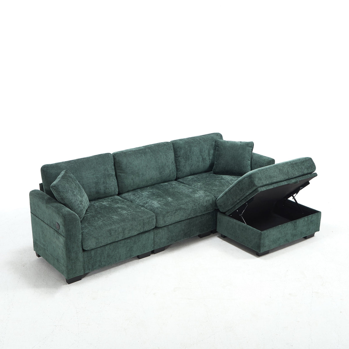 Modern Storage Sofa with Dual USB, 2 Side Pockets,Ottoman Storage Bench Cloud Sectional Chenille Sofa Oversized,4-Seat, L-Shaped Couch,Black