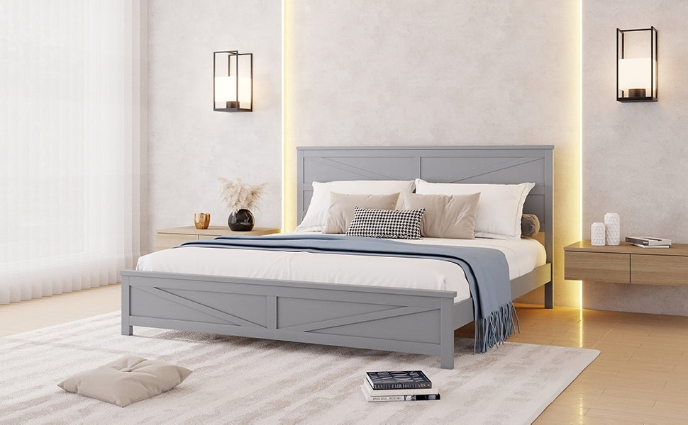 Farmhouse Style King Size Bed with Barn Door Designed Headboard and Footboard, Pinewood Bed with Strengthened Bed Frame,White