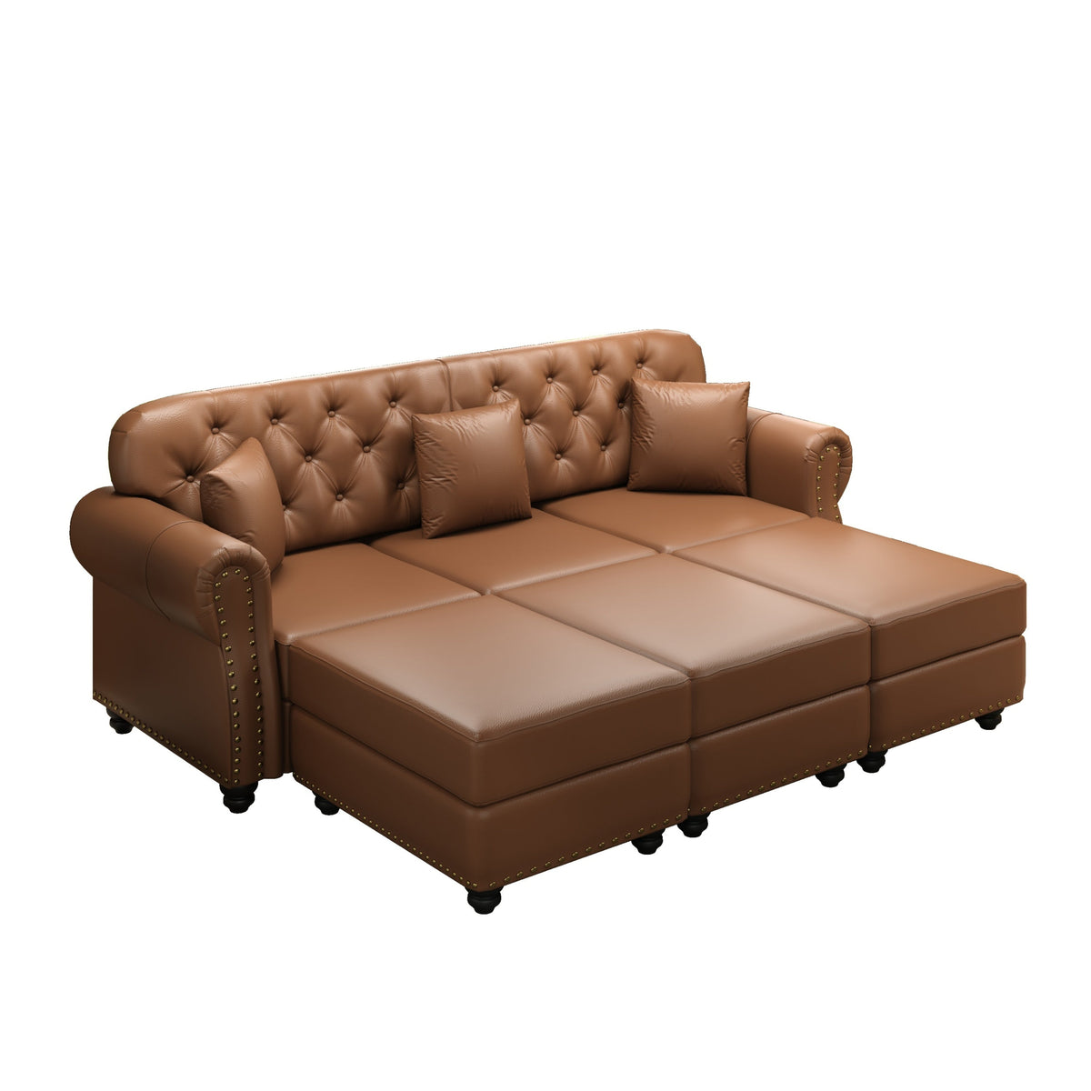 82.6'Upholstered Faux Leather Sofa with Nailhead Trim and Rolled Armrests,Mid-Century Modern Chesterfield Sofa with Button Tufted,Includes 3 Pillows,Black