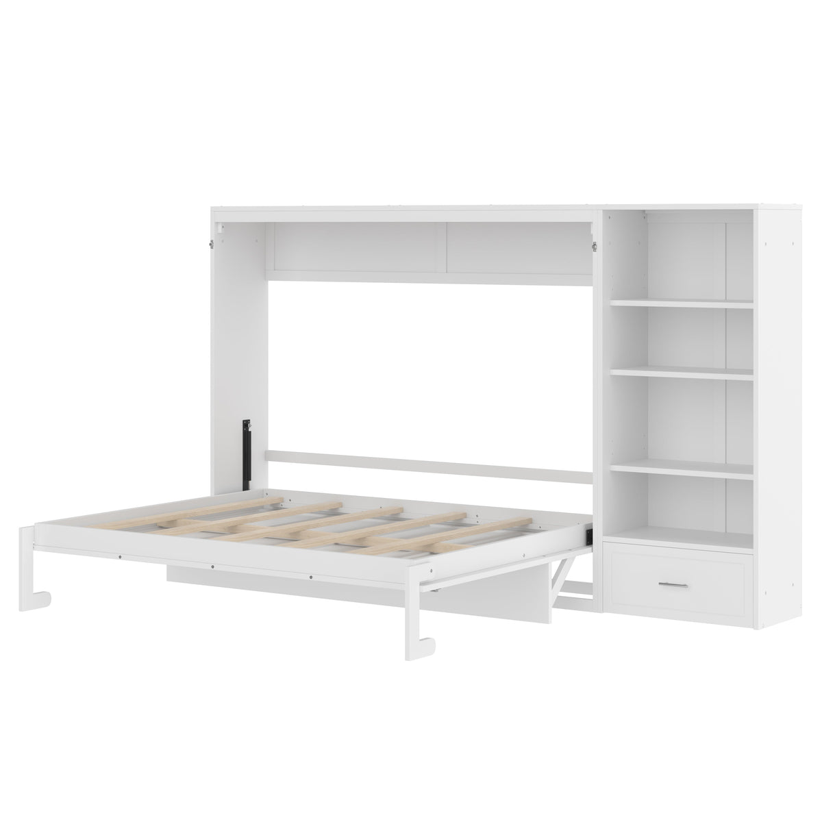 Queen Size Murphy Bed with Height Adjustable Storage Compartments and Shelf, Wall Bed Frame With 1 Drawer, Multifunctional Foldable Platform Bed for Bedroom,Guest Room, Walnut(OLD SKU:N733S309223D)