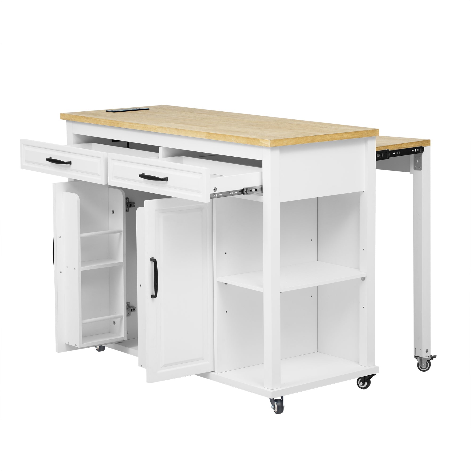 K&K 47 inch Kitchen Island with Extendable Dining Table, Rubber Wood Veneer Kitchen Table with Internal Storage Rack, Power Outlet, Kitchen island with Storage 2 Drawers 2 Cabinet, Black