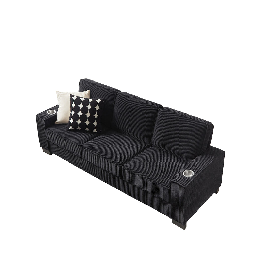 Black corduroy compressed 3-seater sofa top three-quarter view