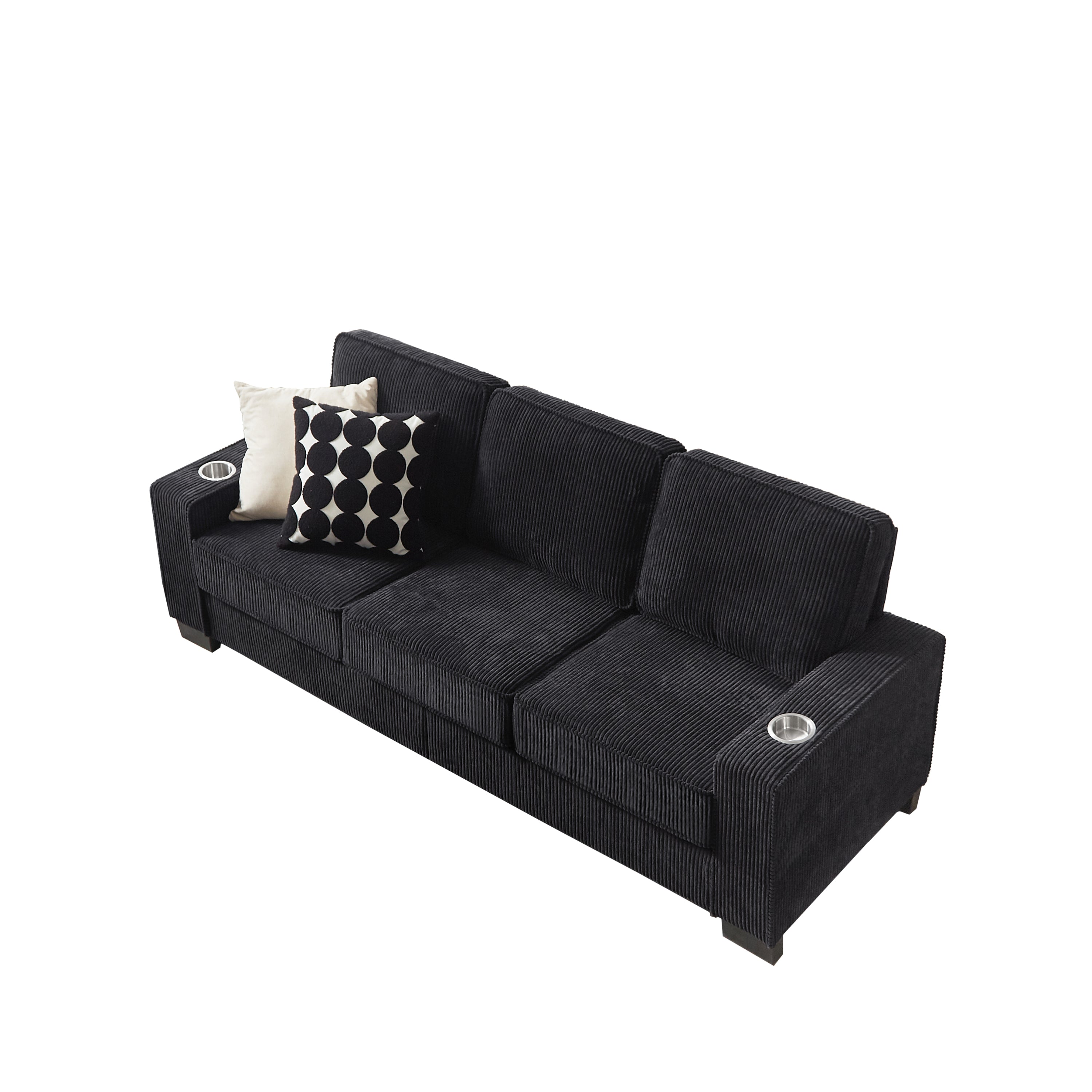 Black corduroy compressed 3-seater sofa top three-quarter view
