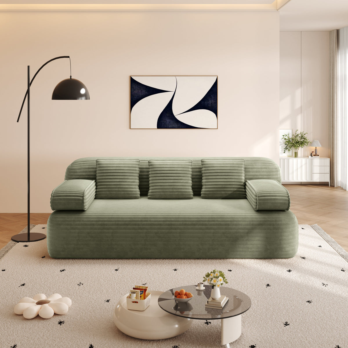 78.7' Frameless Sofa,2-in-1 Convertible Sofa Bed with 3 Pillows – Plush Corduroy Fabric, Multi-Functional 3-Seater Couch for Small Spaces, Apartments and Bedrooms,Beige