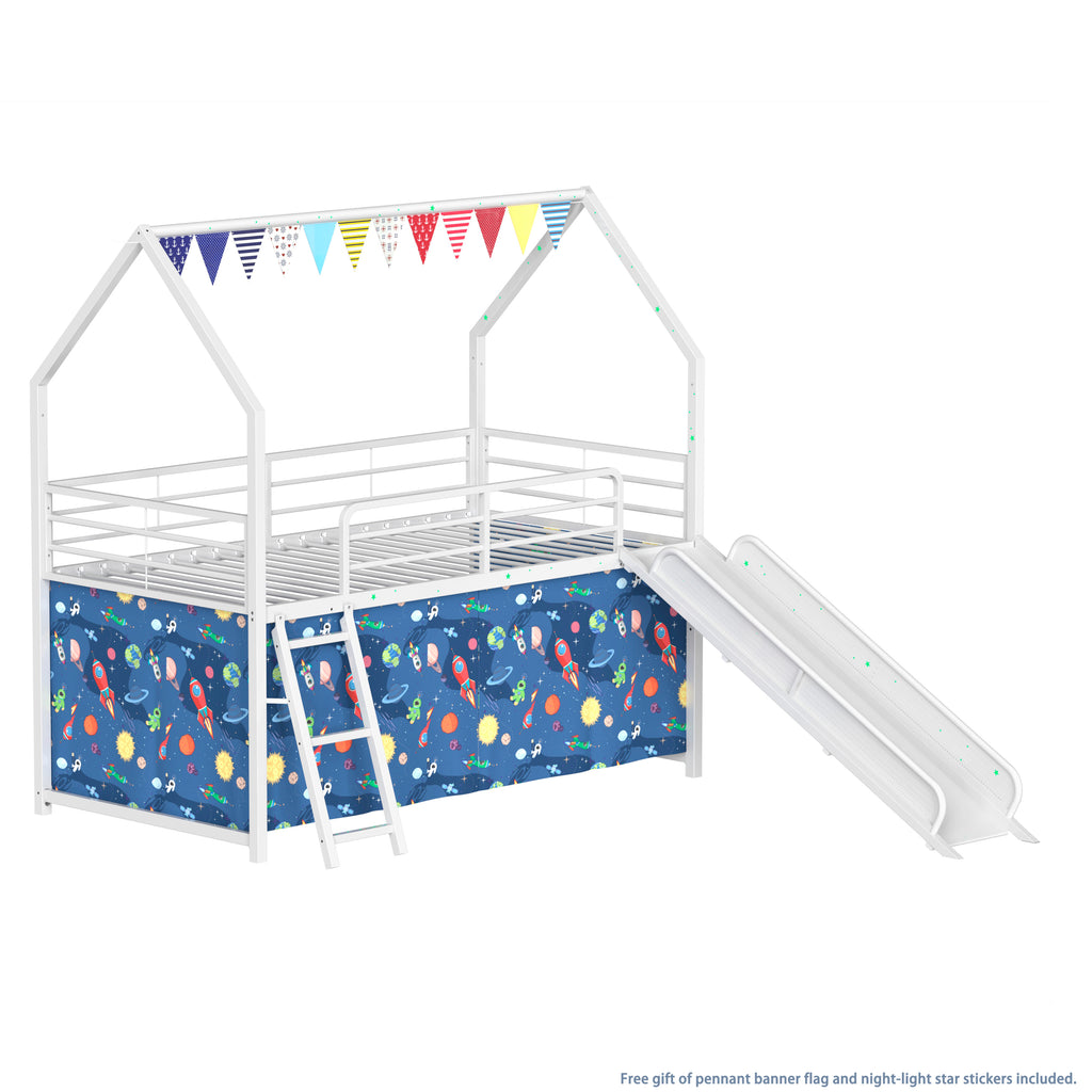 Jack Metal Junior House Twin Loft Bed with Slide and Curtain Set, White and Blue