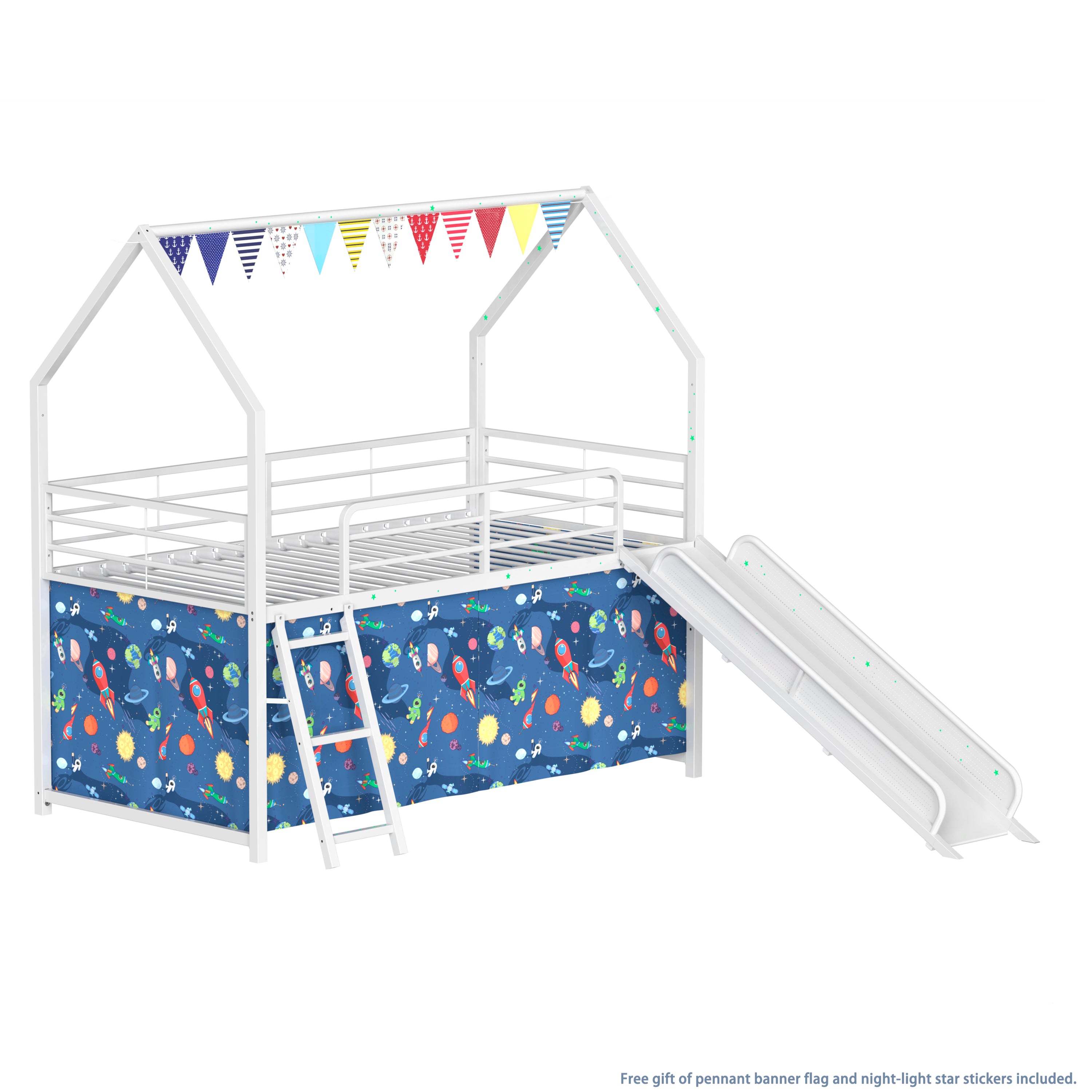 Jack Metal Junior House Twin Loft Bed with Slide and Curtain Set, White and Blue