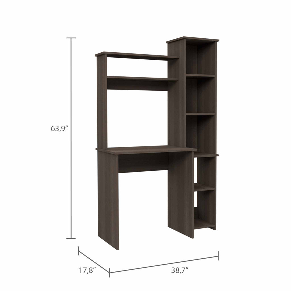 Smokey oak desk workspace surface and storage layout