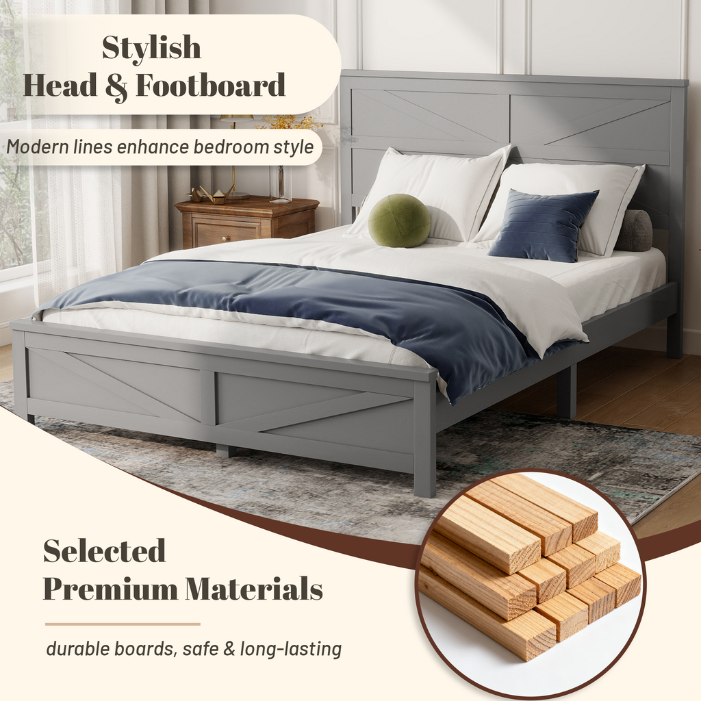 Farmhouse Style Queen Size Bed with Barn Door Designed Headboard and Footboard, Pinewood Bed with Strengthened Bed Frame ,White