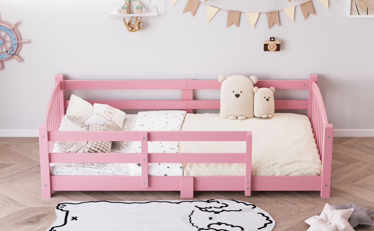 Twin Montessori Floor Bed with Slats and Safety Guardrails, Solid Wood Floor Bed with Fence and Without Door, Easy Assemble Montessori Bed for Girls and Boys, Gray