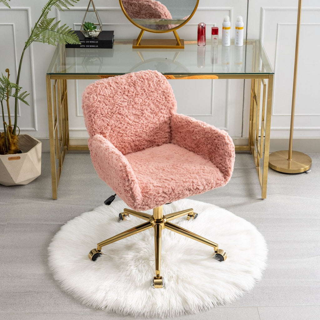 Faux Fur Office Chair — 40° Reclining with Gold Metal Base & Wheels