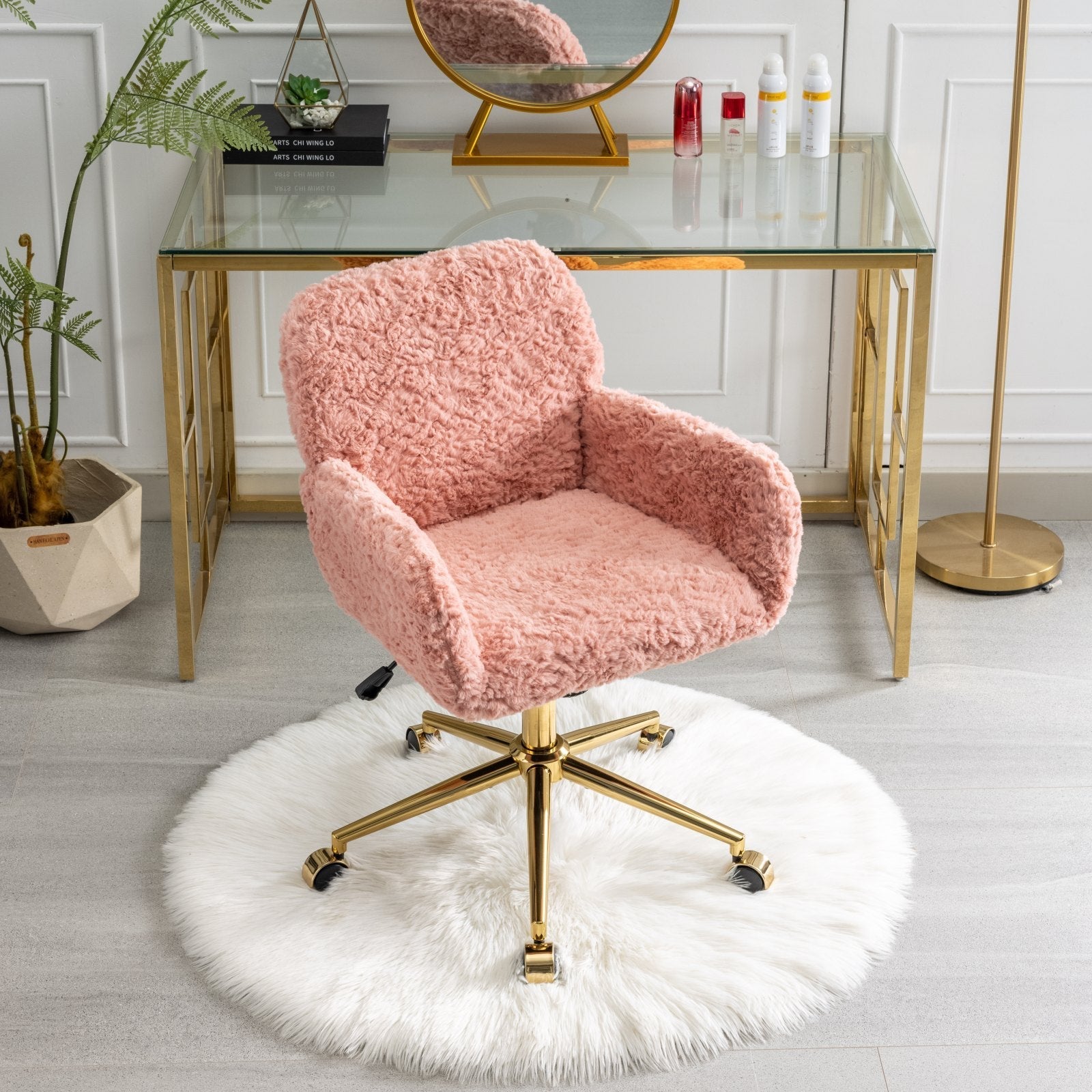 Faux Fur Office Chair — 40° Reclining with Gold Metal Base & Wheels