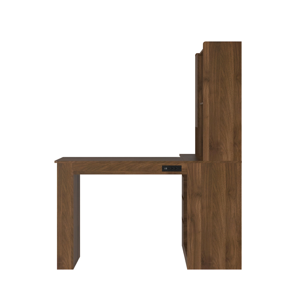 Wood L-shaped desk storage drawers and cabinet close-up