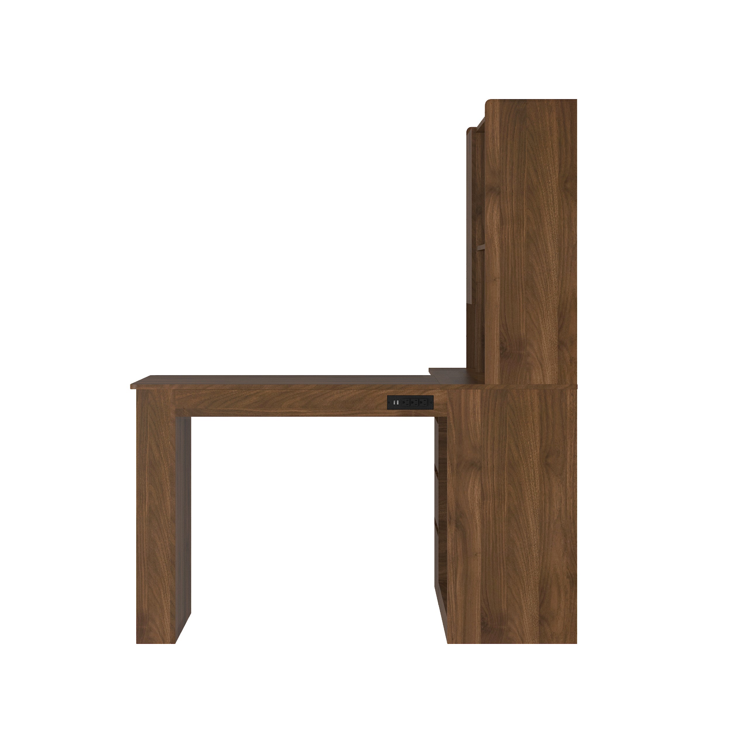 Wood L-shaped desk storage drawers and cabinet close-up