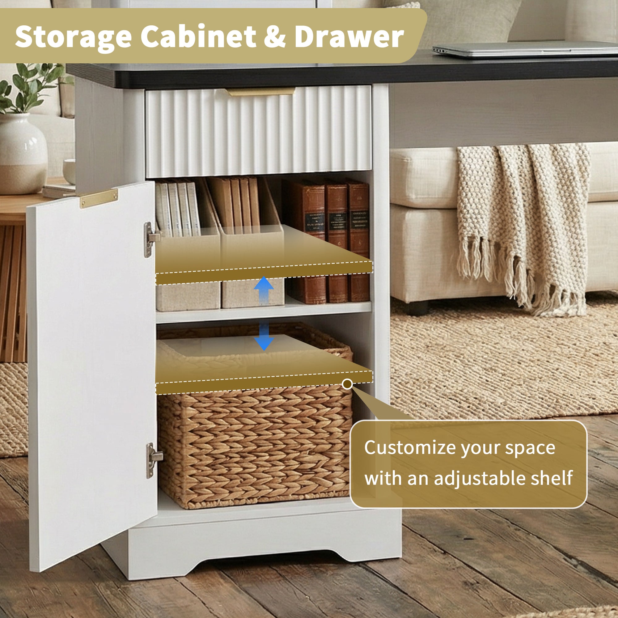 White MDF fluted desk drawer slides and metal handles