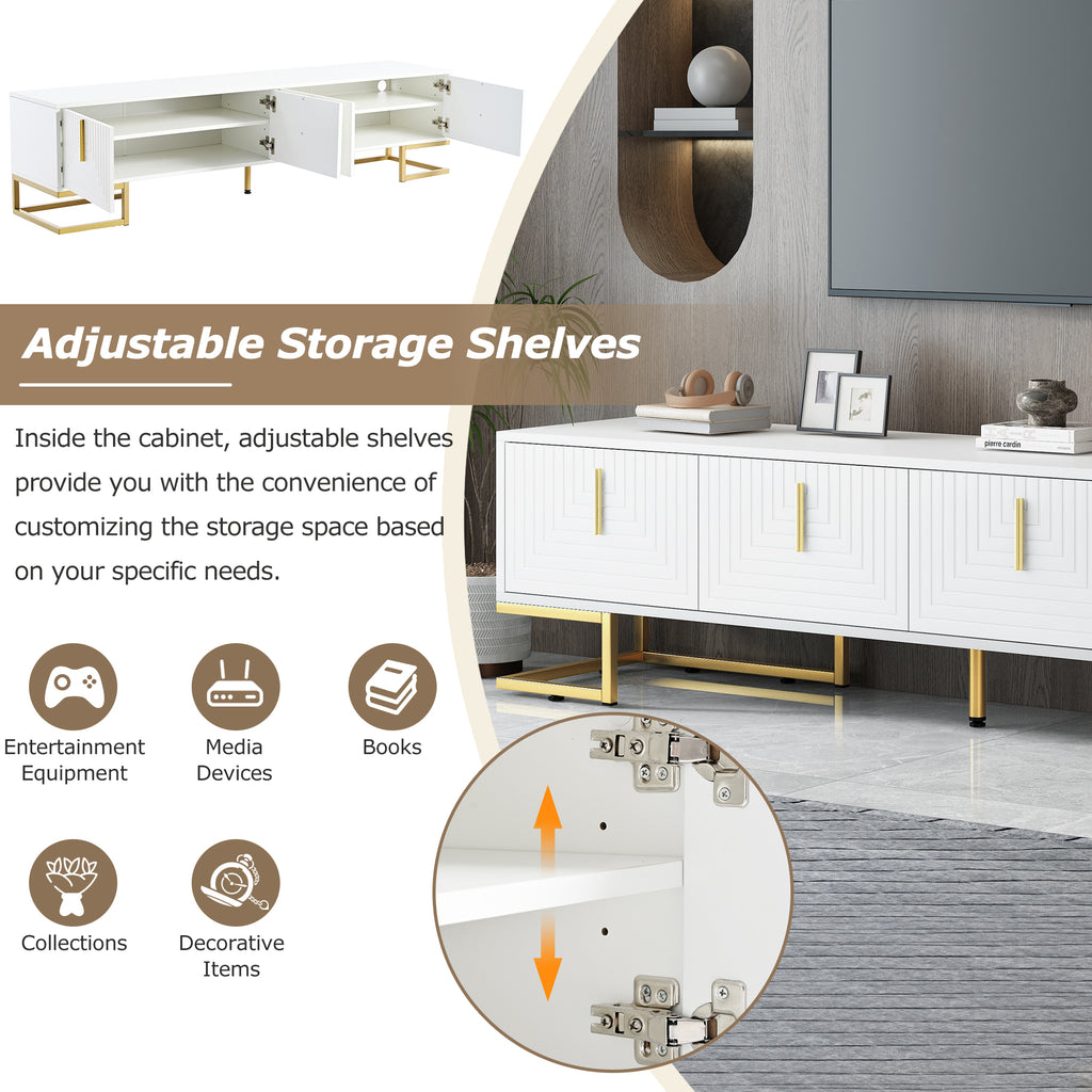TV stand with gold handles and metal legs angle view